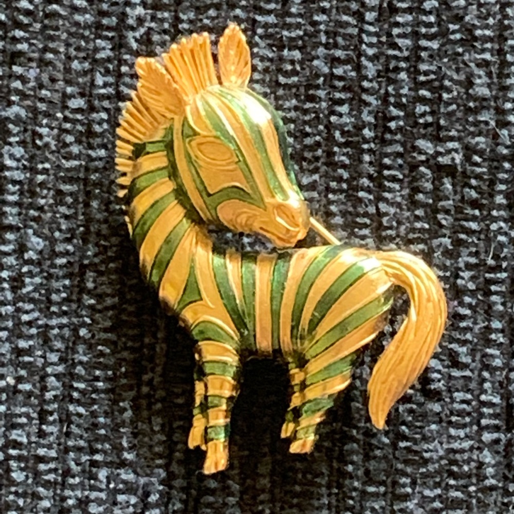 Vintage 1970’s D’Orlan Green Enamelled 22k Rich Gold Plated Zebra Brooch